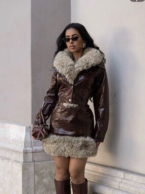 Dark Brown Faux-Leather Jacket and Skirt set with Cream Faux-Fur Trim